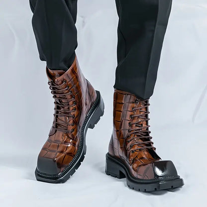 Men's Gothic Work Boots – Chunky Platform, Square Toe, Slip-Resistant Sole, PU Upper, Retro Style Brown