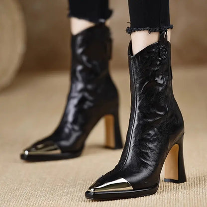 Women's Chunky Heel Ankle Boots Pointed Toe High Heeled Shoes with Back Zipper Closure Synthetic Cover Cushioned EVA Insole Non-Slip Rubber Outsole Elegant Booties for Fall Winter Office Party Wear Black