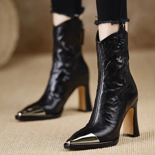 Women's Chunky Heel Ankle Boots Pointed Toe High Heeled Shoes with Back Zipper Closure Synthetic Cover Cushioned EVA Insole Non-Slip Rubber Outsole Elegant Booties for Fall Winter Office Party Wear Black