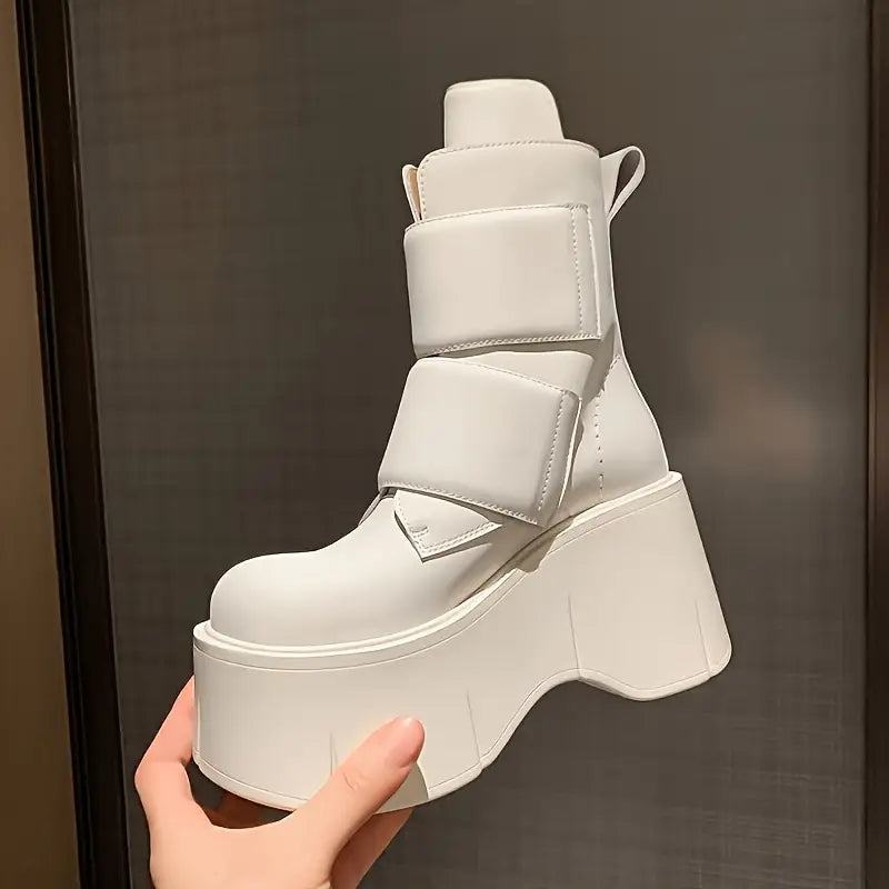 Women’s Black Platform Wedge Ankle Boots – Round Toe, Slip-Resistant Sole, Adjustable Strap, Chic High Heel Design