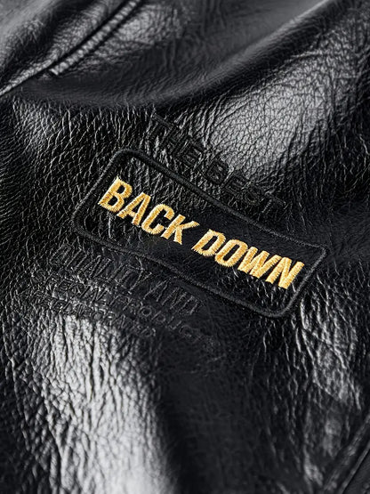 Men's Vintage Bomber Jacket PU Leather Zip-Up Baseball Collar with Patches Brown Glossy Outerwear Brown