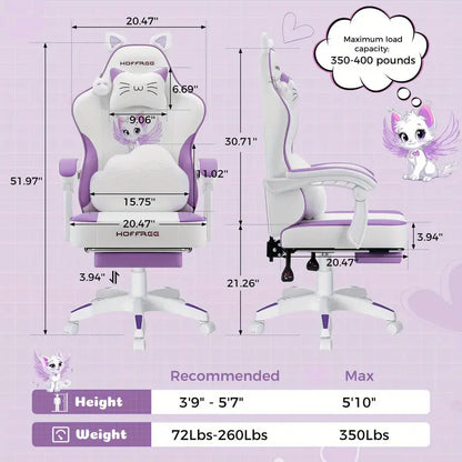 Cute Cat Ear Gaming Chair – Massage Lumbar Cushion, Footrest, USB Powered, White & Purple