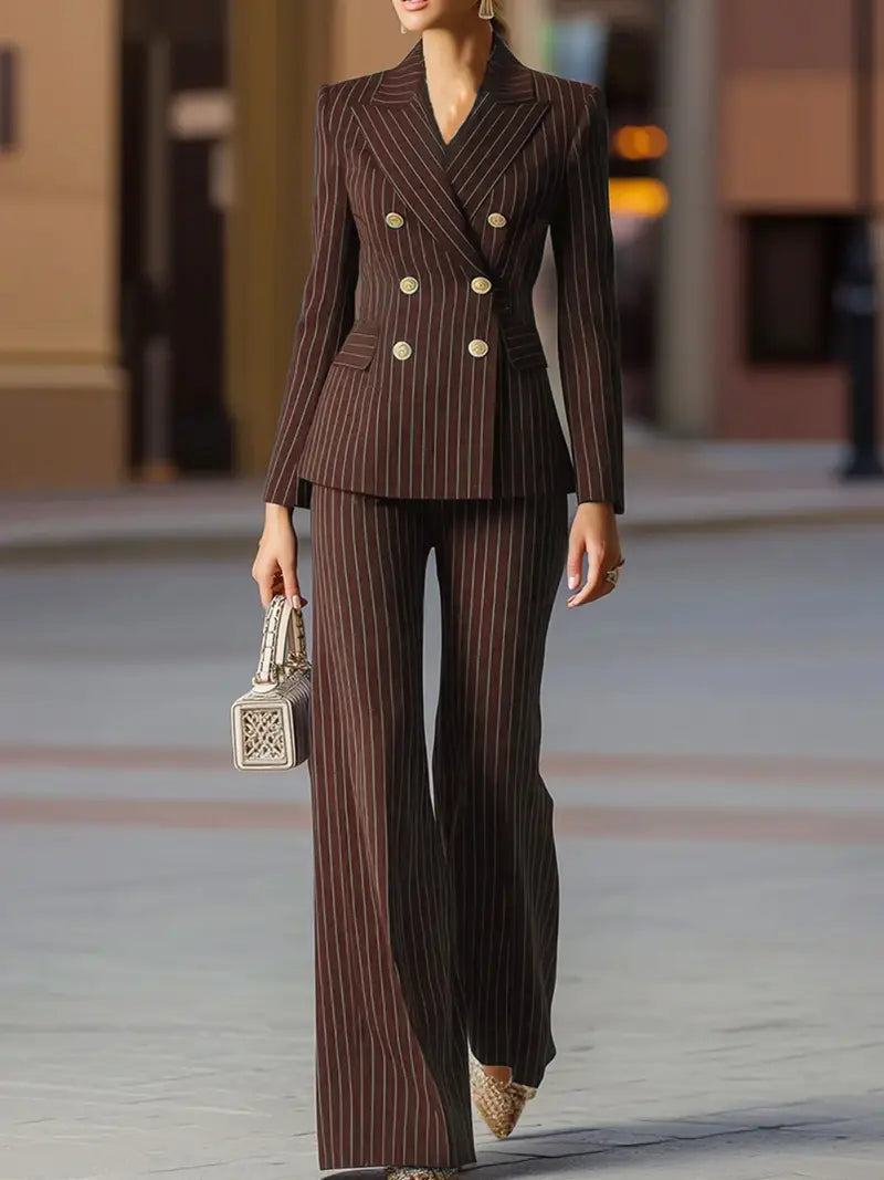 Women’s Summer Suit Set – Trendy Wide-Leg Trousers with Metal Button Detail, Loose Fit Blazer for Casual Fashion, Weekend Outings & Shopping