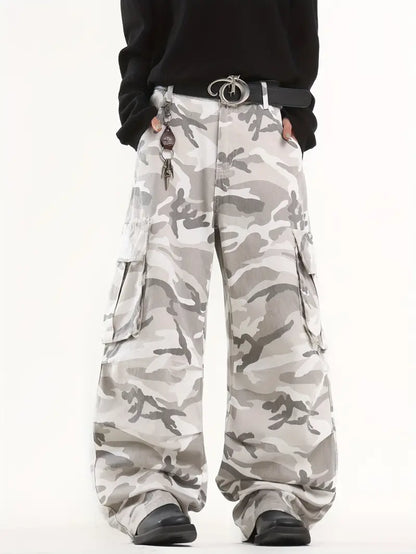 Unisex Camouflage Cargo Pants – Loose Fit Denim Trousers with Pockets for Hip-Hop Streetwear