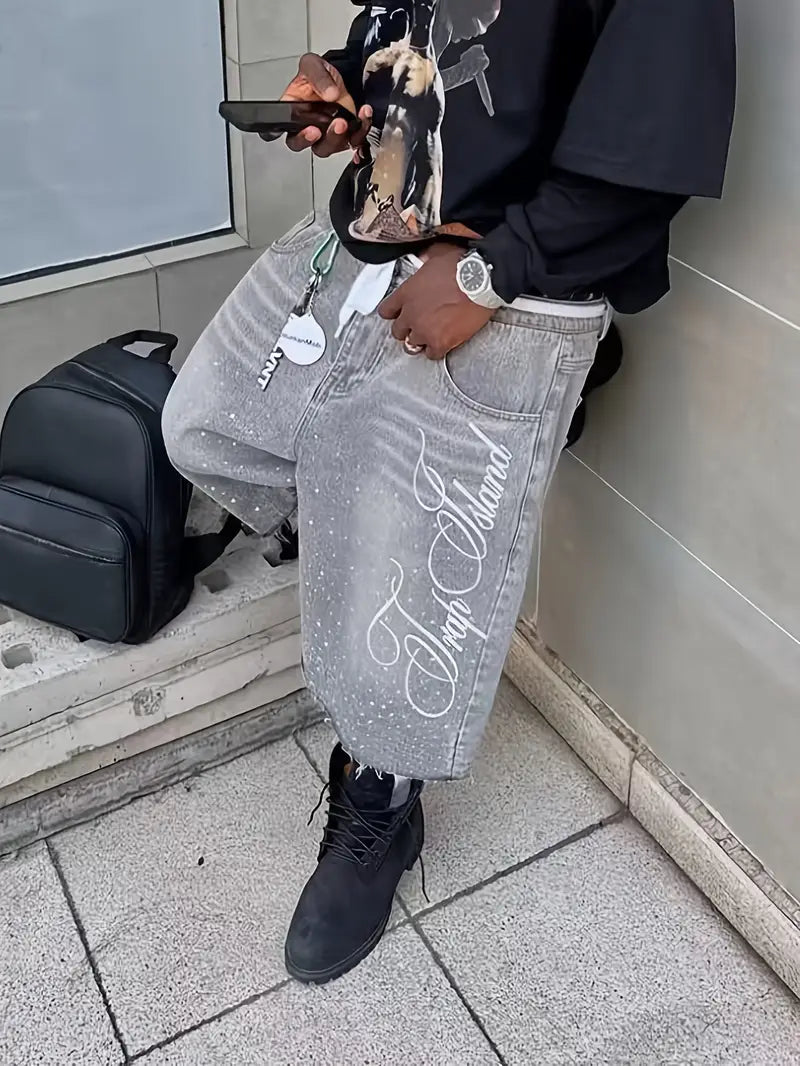 Men's Retro Washed Denim Shorts – Wide-Leg Cropped Jeans with Straight Fit & Casual Streetwear Style Grey