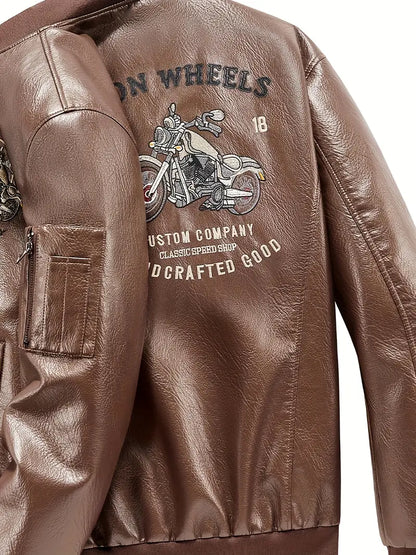 Men's Vintage Bomber Jacket PU Leather Zip-Up Baseball Collar with Patches Brown Glossy Outerwear Brown