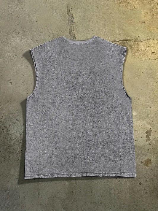 Men’s Washed Cotton Tank Top – Academic Style Vest with Pattern Print, Indoor & Outdoor Summer Wear