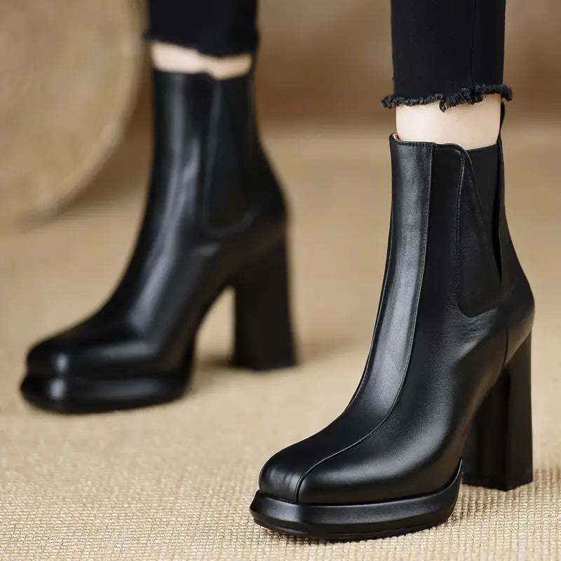 Women’s Chunky 7cm Lift Ankle Boots – PU Cover, Square Toe, Cushioned Insole & Non-Slip Rubber Sole