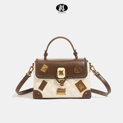 Women’s Small Square Handbag – Glossy Crossbody Purse with Emblem Badge Accent & Zipper Closure