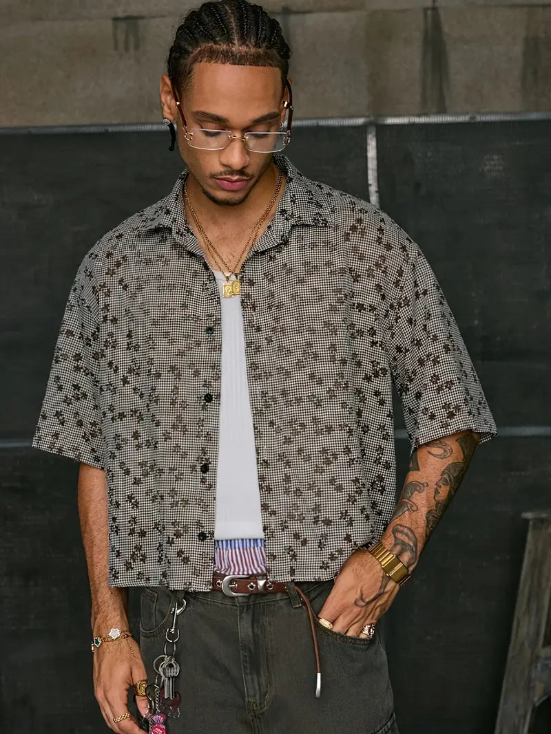 Men's Floral Print Short Sleeve Button-Up Shirt Loose Fit White Collar Brown Accents Summer