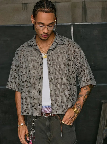 Men's Floral Print Short Sleeve Button-Up Shirt Loose Fit White Collar Brown Accents Summer