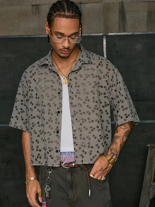 Men's Floral Print Short Sleeve Button-Up Shirt Loose Fit White Collar Brown Accents Summer