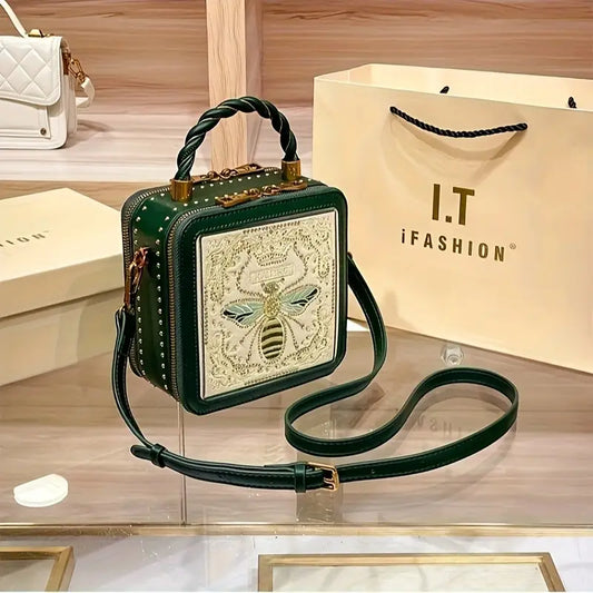 Vintage Bee Embroidered Tote Bag – Retro Geometric Design with Zipper Closure, Durable Handle & Two-Layer Construction for Casual and Formal Occasions