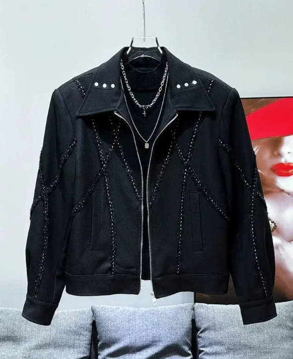 Men's Heavy-Duty Motorcycle Jacket Full-Zip Closure Cross-Beaded Chain Accents Lapel Collar Streetwear Coat