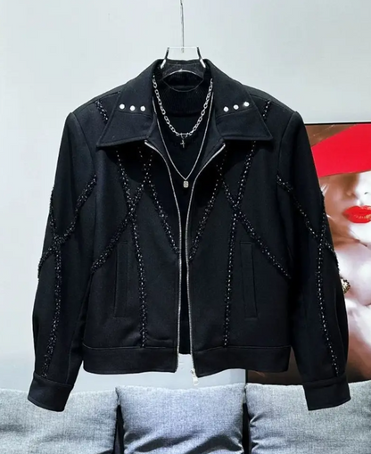 Men's Heavy-Duty Motorcycle Jacket Full-Zip Closure Cross-Beaded Chain Accents Lapel Collar Streetwear Coat