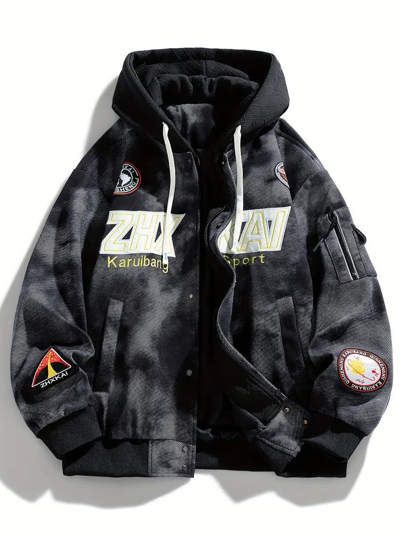 Men's Plus Size Tie-Dye Hooded Jacket Zip-Up Loose Fit with Letter Print and Multiple Pockets