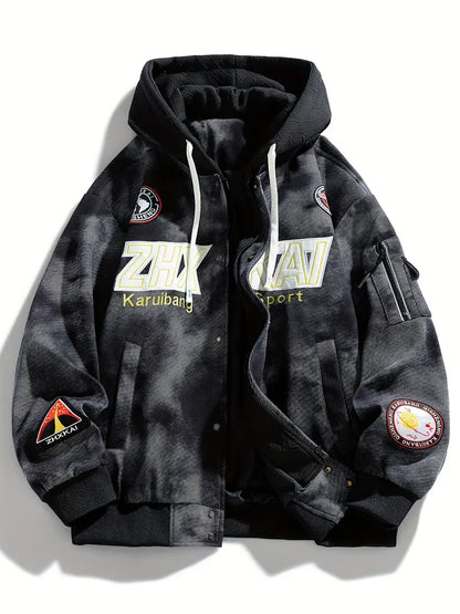 Men's Plus Size Tie-Dye Hooded Jacket Zip-Up Loose Fit with Letter Print and Multiple Pockets