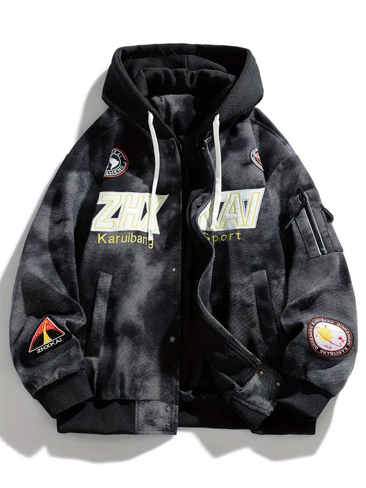 Men's Plus Size Tie-Dye Hooded Jacket Zip-Up Loose Fit with Letter Print and Multiple Pockets