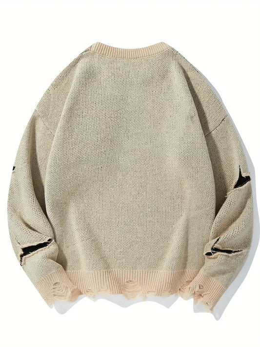 Men's Distressed Knit Sweater – Casual Pullover, Ripped Detail, Loose Fit Streetwear for Fall/Winter