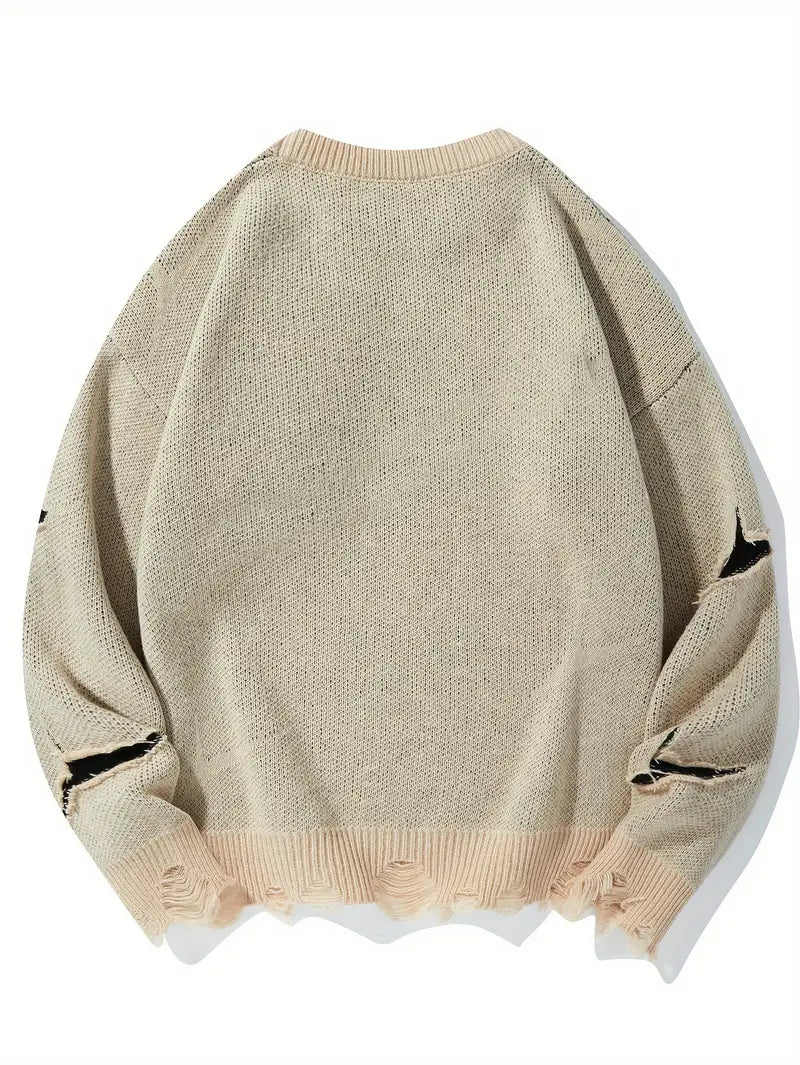 Men's Distressed Knit Sweater – Casual Pullover, Ripped Detail, Loose Fit Streetwear for Fall/Winter