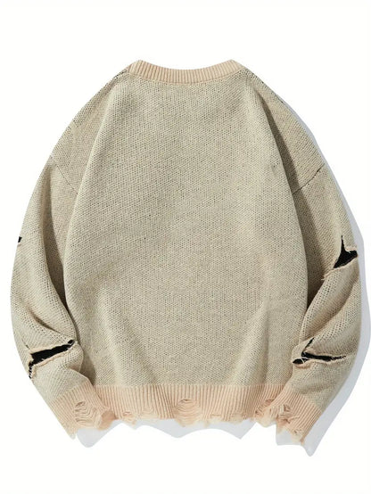 Men's Distressed Knit Sweater – Casual Pullover, Ripped Detail, Loose Fit Streetwear for Fall/Winter