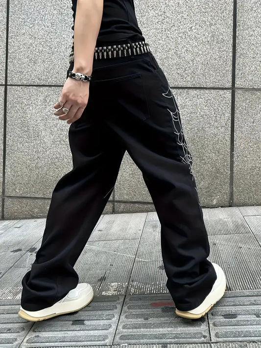 Men’s Loose Fit Denim Pants – Black Streetwear Jeans with Spider Web Design, All-Season Casual Style