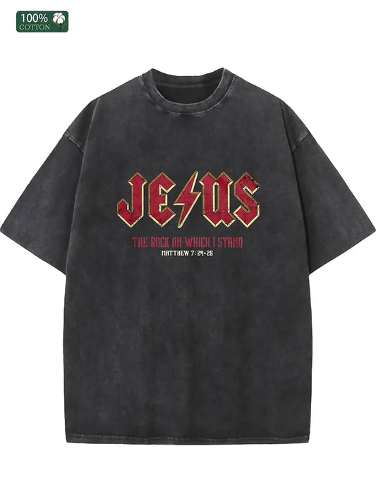 Men's Washed Cotton T-Shirt Jesus Graphic Print Loose Fit Short Sleeve Crew Neck Vintage Streetwear Tee