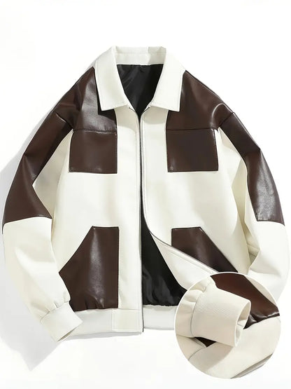 Unisex Casual Jacket for Couples Brown Color Block Design Full-Zip Polyester Coat for Outdoor Everyday Wear