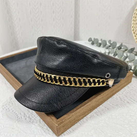 Women’s Gothic Beret Hat – Black Flat Peaked Cap with Chain Strap, Spiked Buckle & Golden Hardware