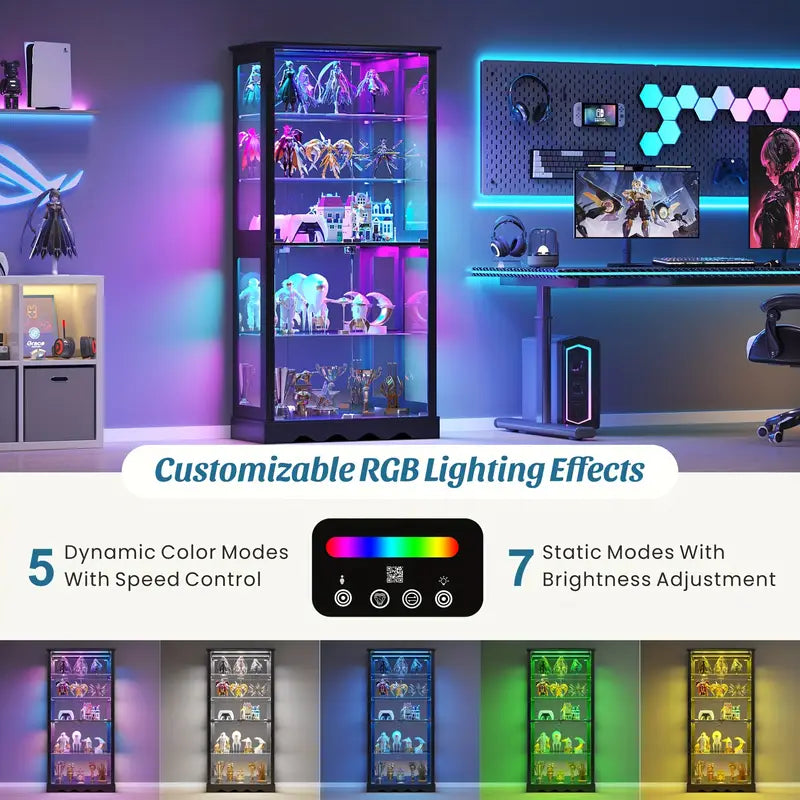 71'' Tall RGB LED Display Cabinet with Glass Doors Smart Modern Curio Case with Removable Shelves MDF Frame and Panel for Collectibles Books Medals Figures Black White