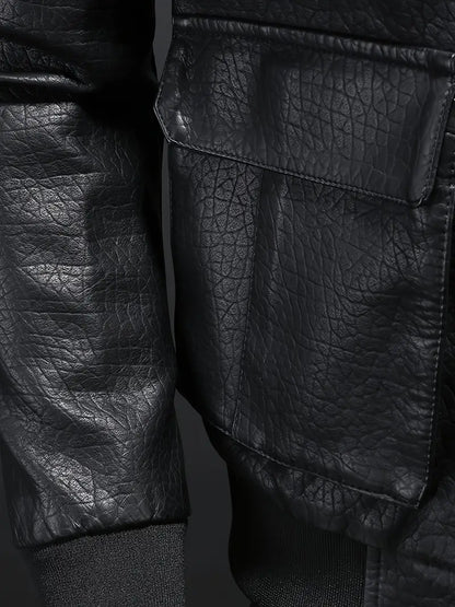 Men's Windproof PU Leather Jacket Stand Collar Zipper Casual Outerwear for Autumn Winter