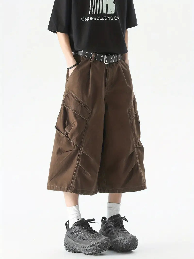 Men’s Brown Cargo Shorts – Loose Fit Striped Design with Drawstring Waist & Large Utility Pockets Brown