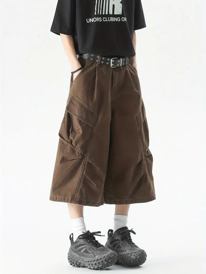 Men’s Brown Cargo Shorts – Loose Fit Striped Design with Drawstring Waist & Large Utility Pockets Brown