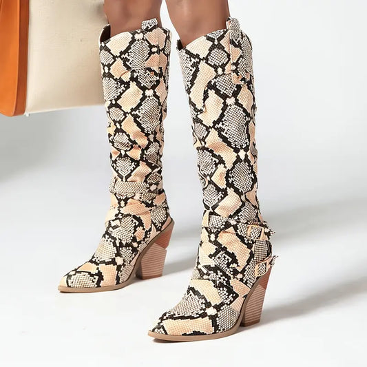 Retro Women’s Knee-High Boots – Slip-On Pointed Toe Chunky Heel with Snake-Pattern PU Upper, Winter Fashion for Streetwear & Photography