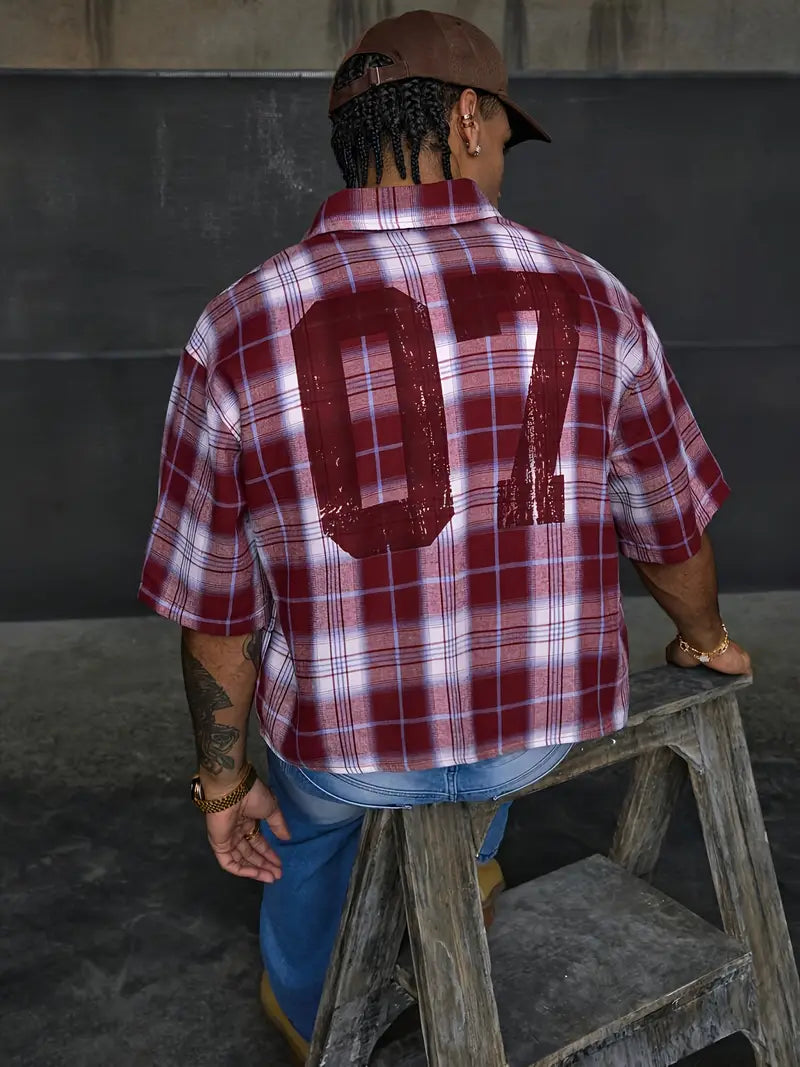 Men's Casual Short Sleeve Striped Print Shirt Loose Fit Button-Up Plaid and Solid Color Splice Design Khaki Crimson