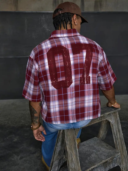 Men's Casual Short Sleeve Striped Print Shirt Loose Fit Button-Up Plaid and Solid Color Splice Design Khaki Crimson