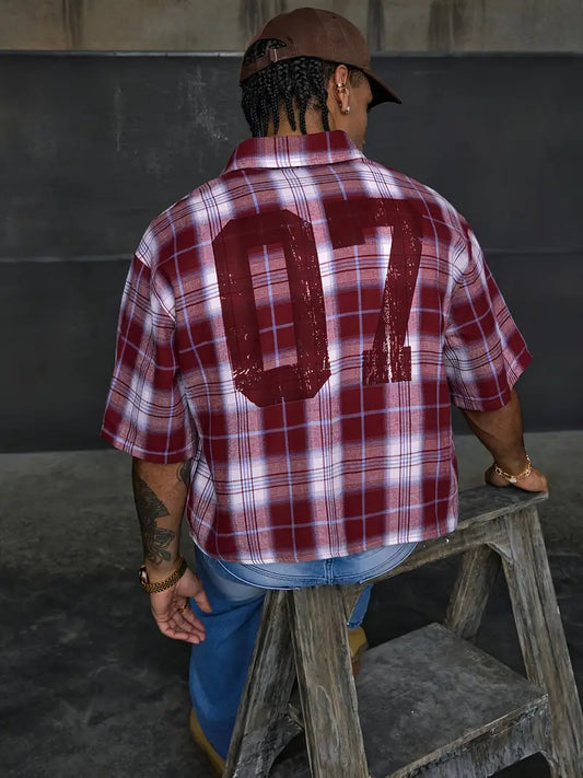 Men's Casual Short Sleeve Striped Print Shirt Loose Fit Button-Up Plaid and Solid Color Splice Design Khaki Crimson