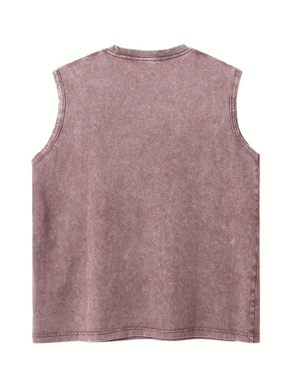 Men’s Washed Cotton Tank Top – “Between My Ears” Print, 230G Heavyweight Sleeveless Gym & Streetwear Vest