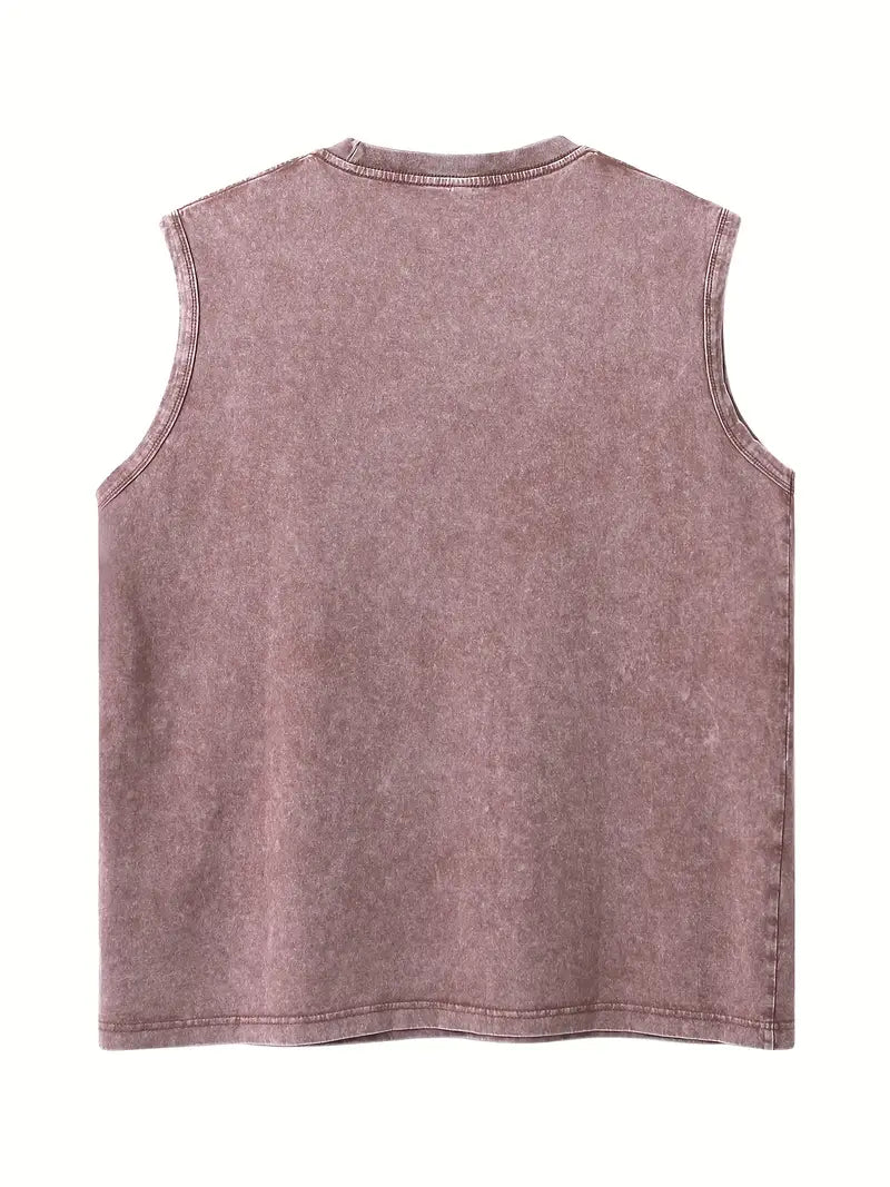 Men’s 230GSM Washed Sleeveless Muscle Tank – Human Body Line Art Print, Loose Fit Gym & Streetwear Vest