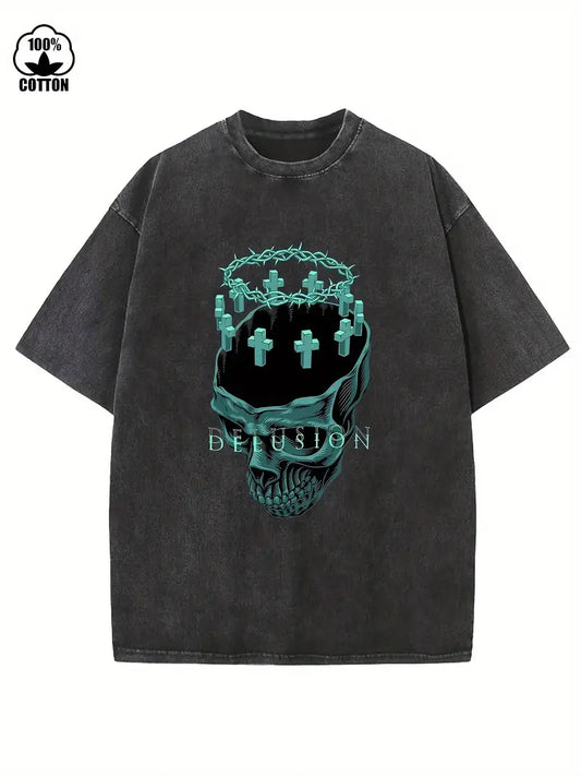 Men's Summer Loose Fit T-Shirt Thick Wax-Washed Cotton Round Neck Short Sleeve Street Outdoor Tee