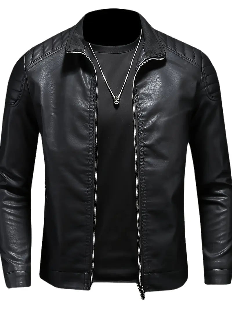 Men's Stand Collar Faux Leather Jacket Zip-Up Solid Color Casual Outerwear with Pockets