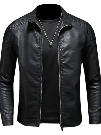 Men's Stand Collar Faux Leather Jacket Zip-Up Solid Color Casual Outerwear with Pockets
