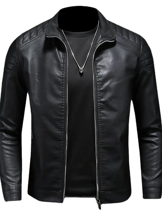 Men's Stand Collar Faux Leather Jacket Zip-Up Solid Color Casual Outerwear with Pockets
