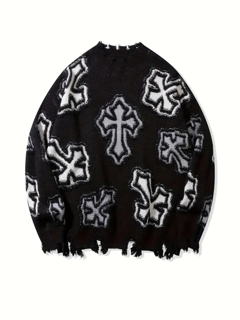 Men's Black Knit Sweater – Fringe Detail, Loose Fit, Casual Pullover for Fall & Winter Fashion