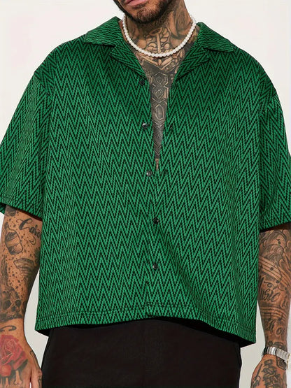 Men's Black Chevron Pattern Short Sleeve Shirt Casual Loose Fit Button-Up Summer Polyester Blend