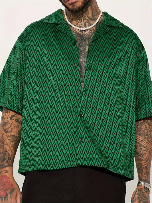 Men's Black Chevron Pattern Short Sleeve Shirt Casual Loose Fit Button-Up Summer Polyester Blend