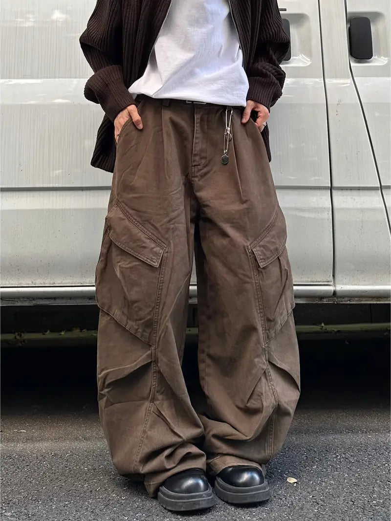 Men’s Vintage Wide-Leg Pants – Loose Fit Cotton Trousers with Pockets & Drawstring Waist