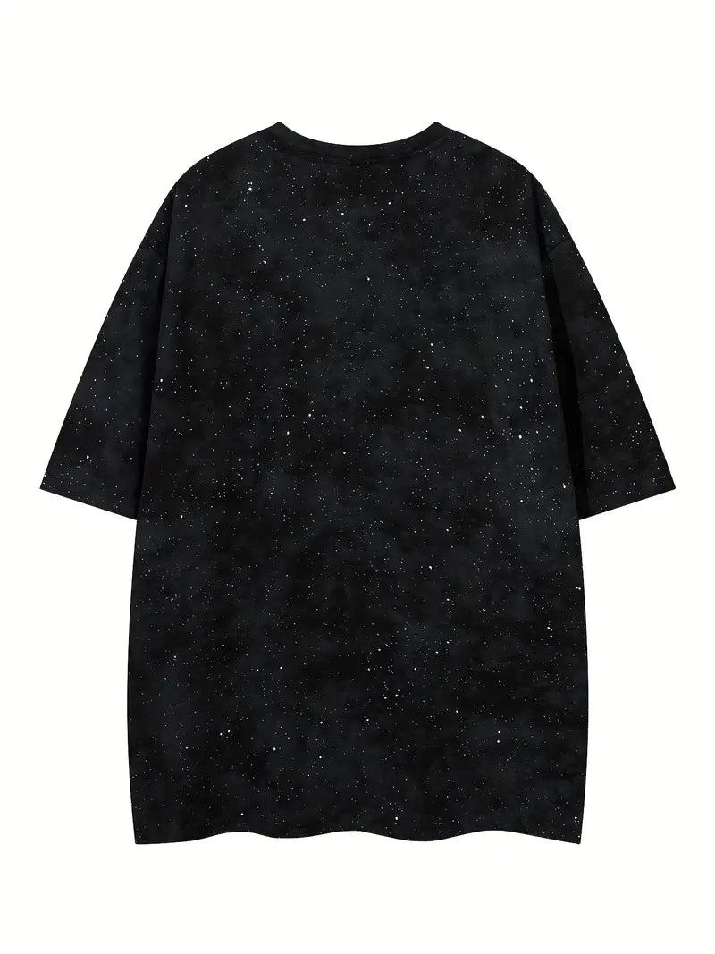 Men's Black Starry Sky T-Shirt Short Sleeve Regular Fit Round Neck Geometric Print for Gym & Daily Wear
