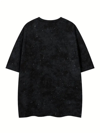 Men's Black Starry Sky T-Shirt Short Sleeve Regular Fit Round Neck Geometric Print for Gym & Daily Wear