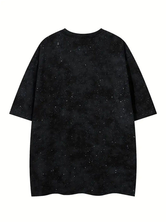 Men's Black Starry Sky T-Shirt Short Sleeve Regular Fit Round Neck Geometric Print for Gym & Daily Wear